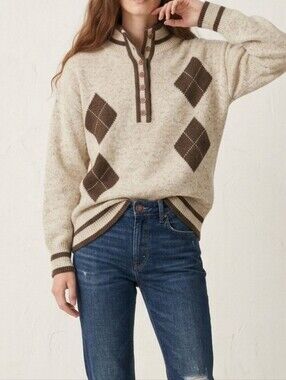 Vintage Geometric Argyle Patterned 1/4 Button Up Collared Sweater In Ivory/Brown
